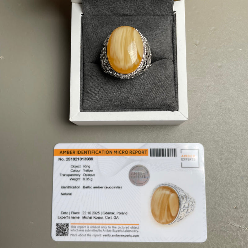 Baltic Amber Men’s Ring – 925 Sterling Silver, Handmade, Adjustable Size