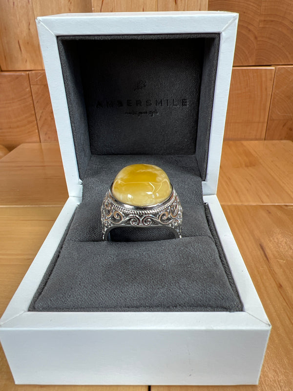 Baltic Amber Men’s Ring – 925 Sterling Silver, Handmade, Adjustable Size
