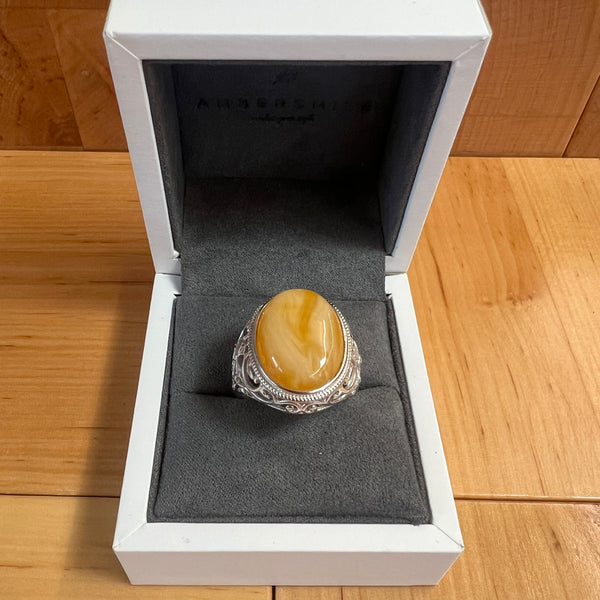 Baltic Amber Men’s Ring – 925 Sterling Silver, Handmade, Adjustable Size