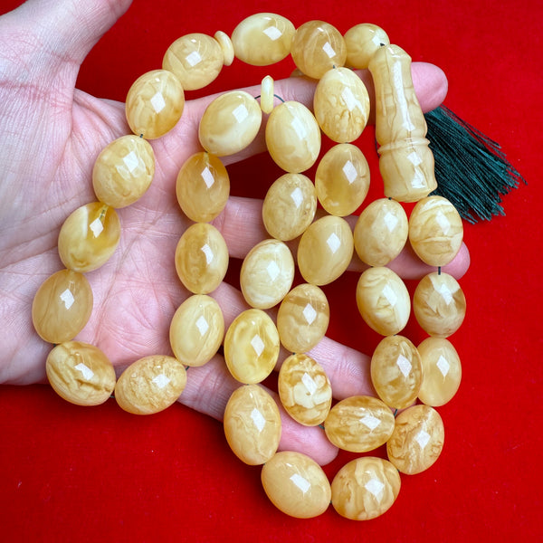 Premium Handmade White Amber Tasbih Misbaha Islamic Prayer Beads 15mm x 20mm 91g