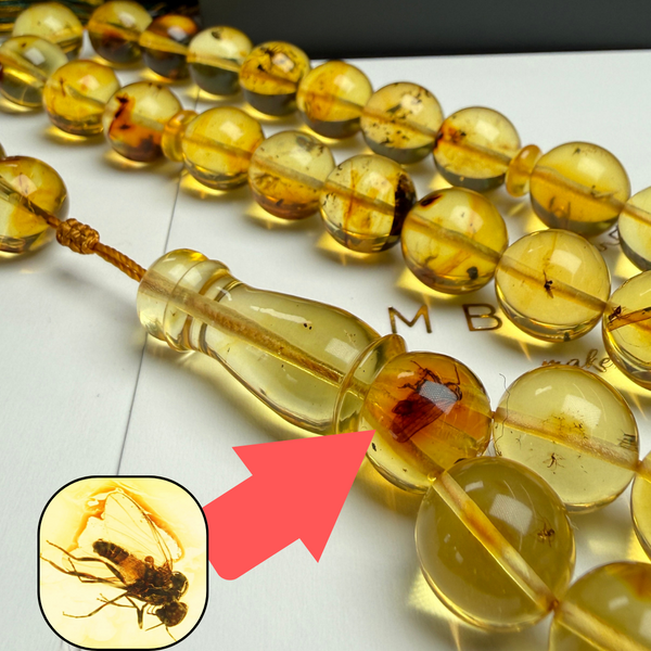 مسبحة إسلامية من الكهرمان الطبيعي على شكل حشرات، 13.5 مم، 58.4 غرام